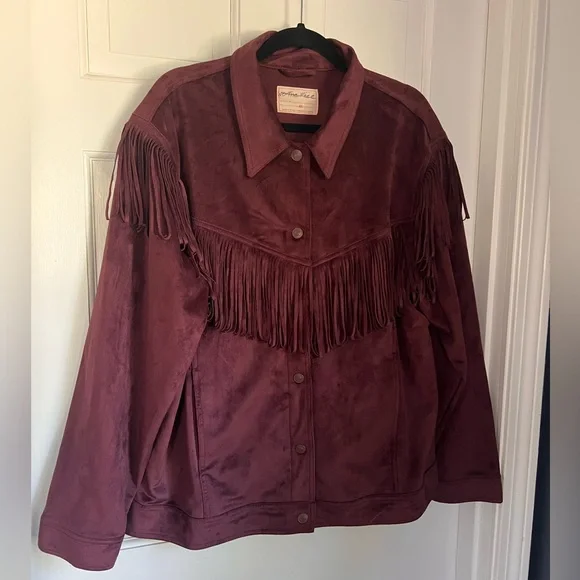 Free People Cosmic Karma Jacket Vegan Suede Fringed Button Coat Wine Plum XL - Picture 4 of 11